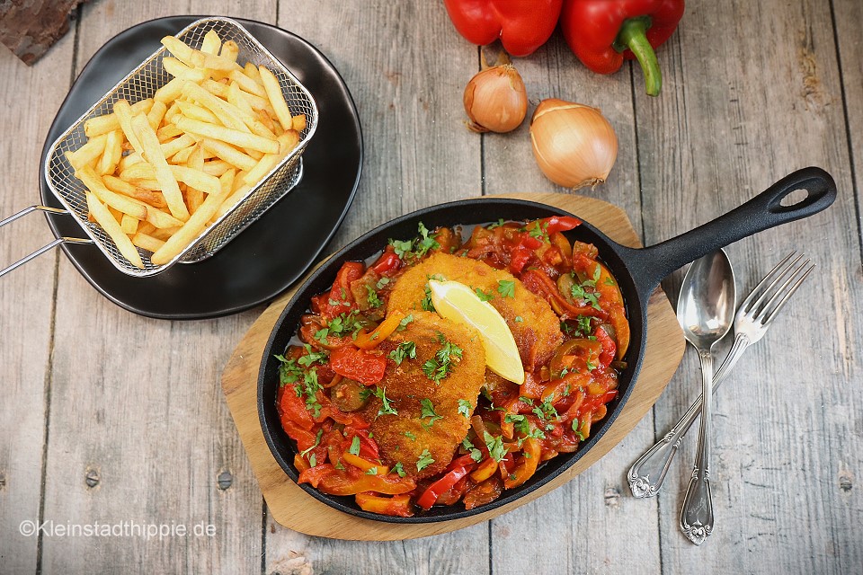 Paprikaschnitzel, Balkanschnitzel, Paprikaschnitzel „ungarische Art“ mit Pommes aus dem Airfryer - veganes Rezept - einfach, lecker, Meal Prep